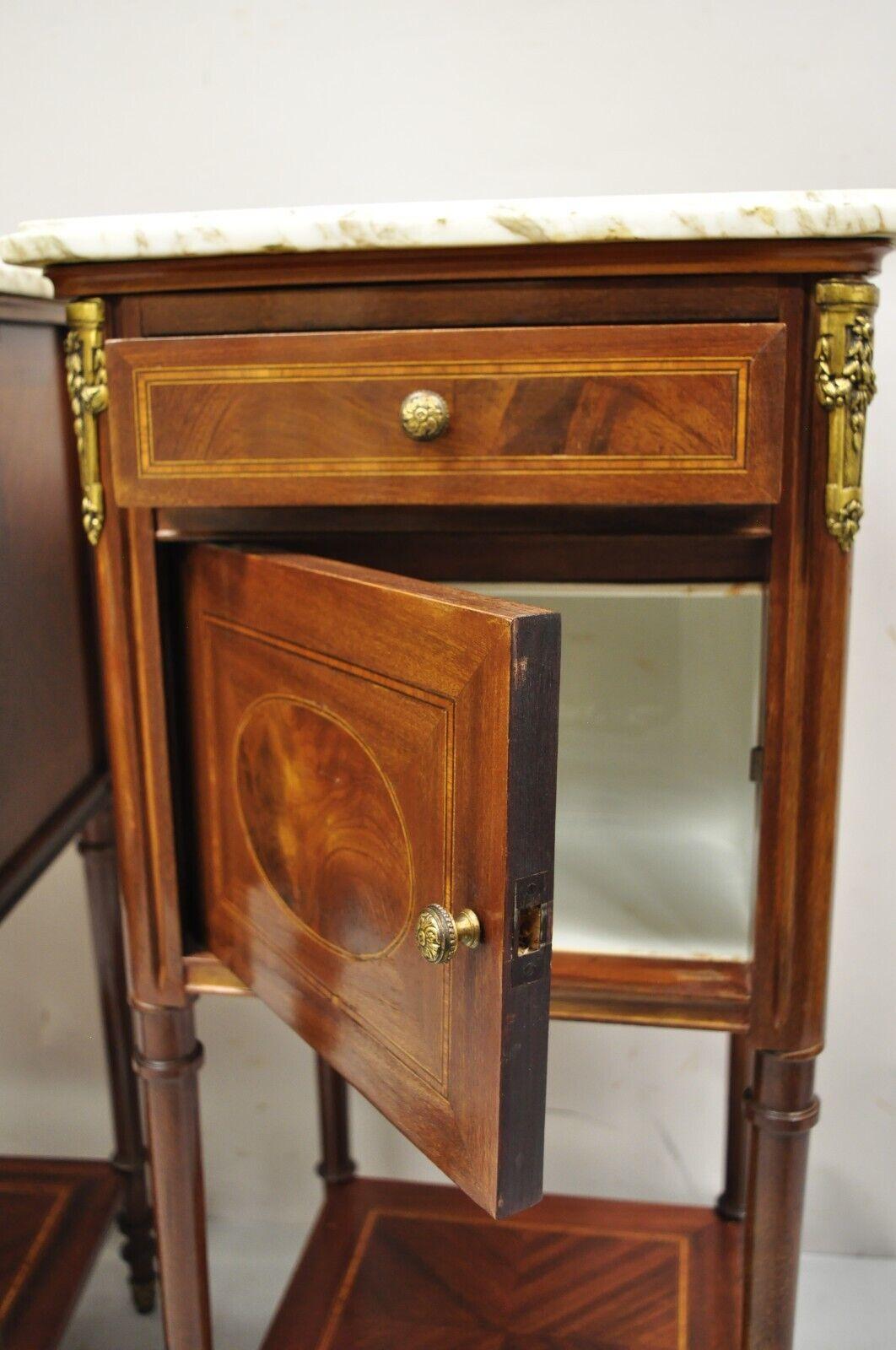20th Century Antique French Louis XVI Marquetry Inlay Marble Top Nightstand Washstand, Pair