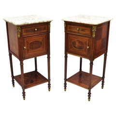 Antique French Louis XVI Marquetry Inlay Marble Top Nightstand Washstand, Pair
