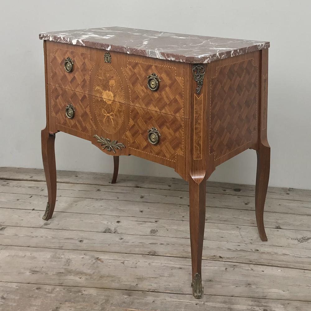Hand-Crafted Antique French Louis XVI Marquetry Marble Top Commode