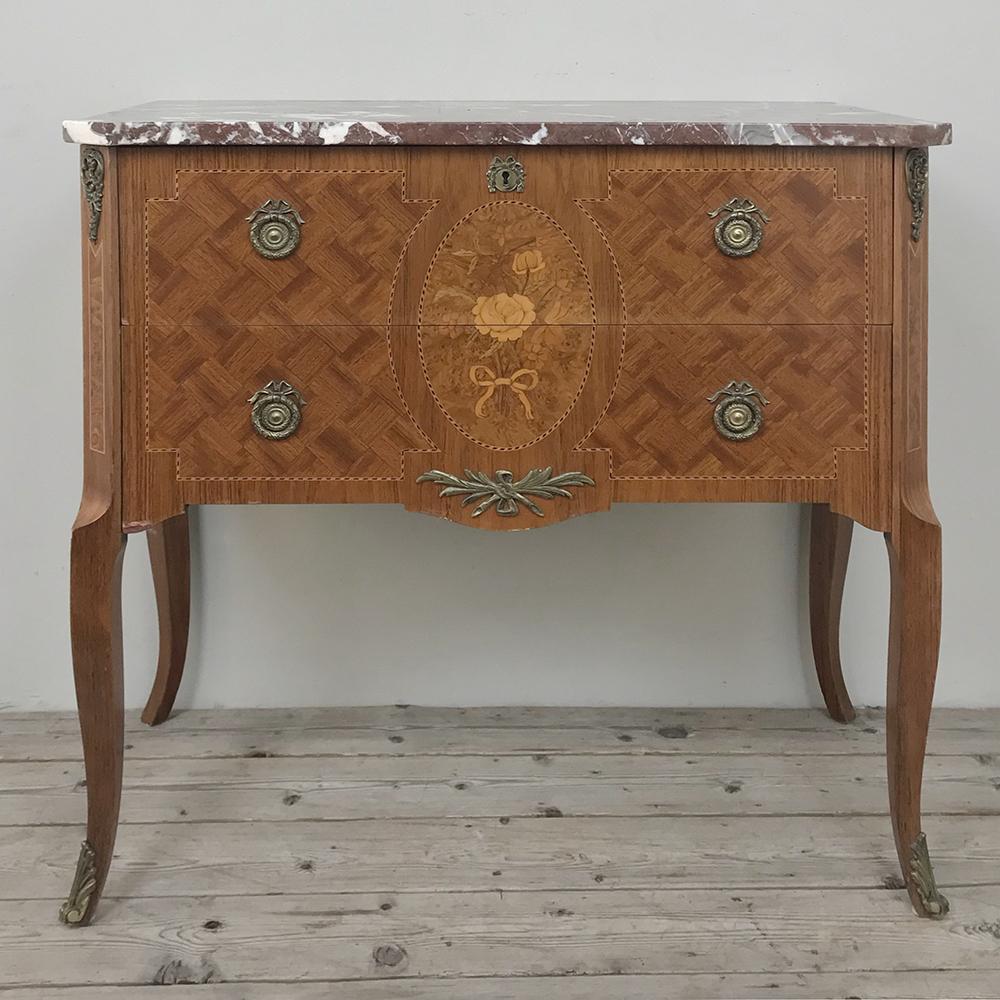 Antique French Louis XVI Marquetry Marble Top Commode In Good Condition In Dallas, TX