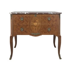 Antique French Louis XVI Marquetry Marble Top Commode