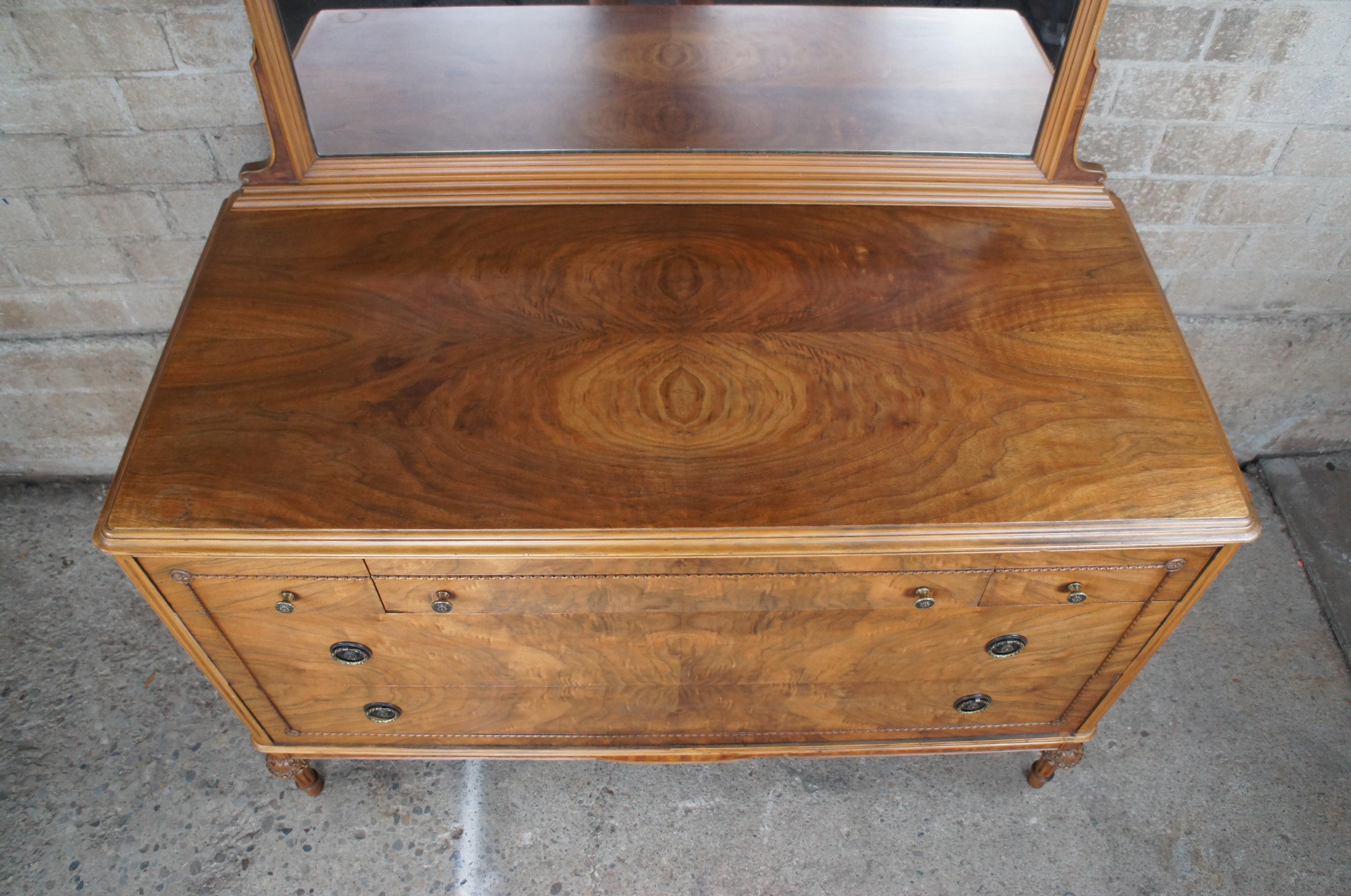 Antique French Louis XVI Matchbook Walnut Mirrored Vanity Dresser Chest Drawers 7