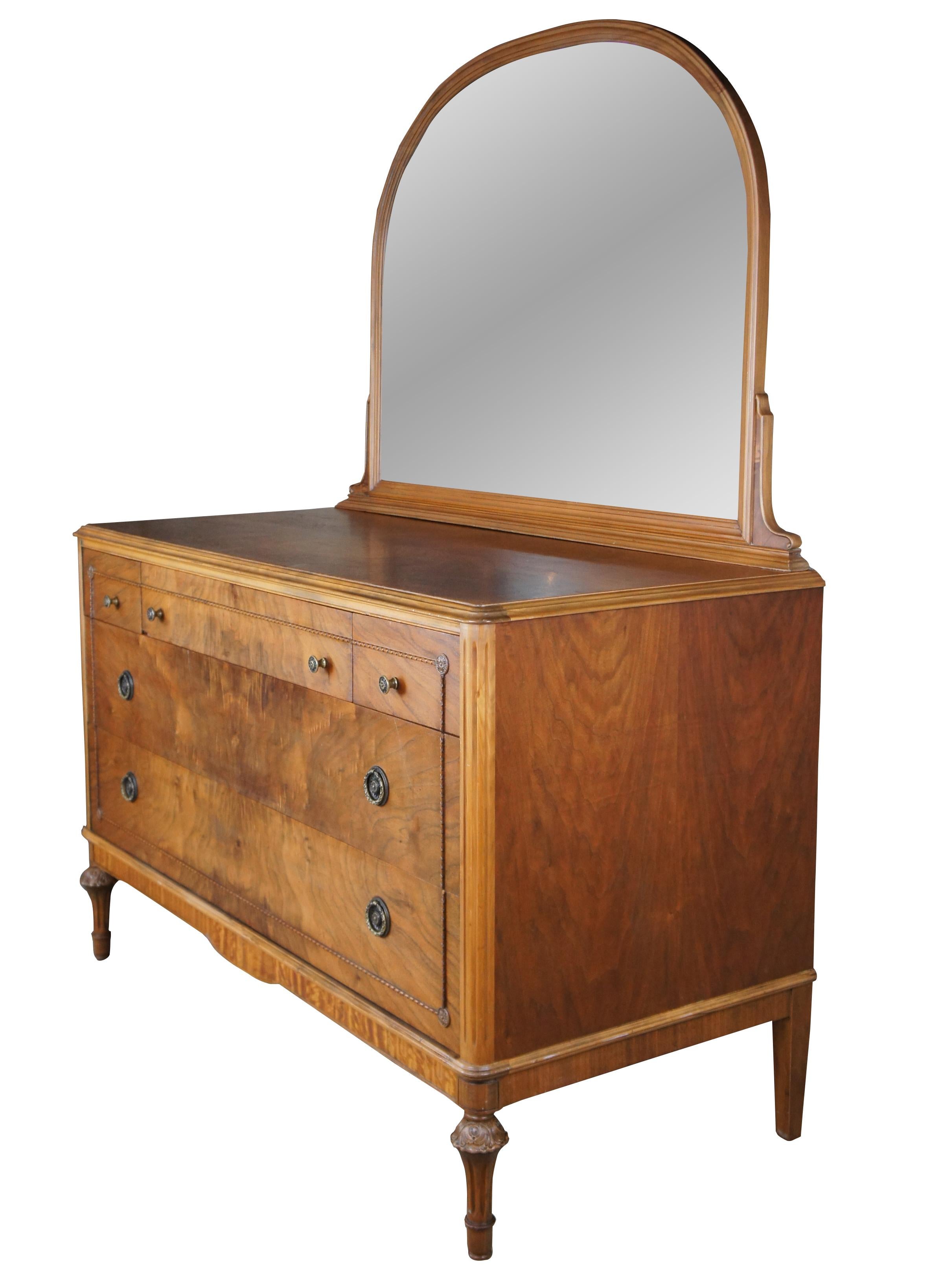 Antique French Louis XVI Matchbook Walnut Mirrored Vanity Dresser Chest Drawers In Good Condition In Dayton, OH