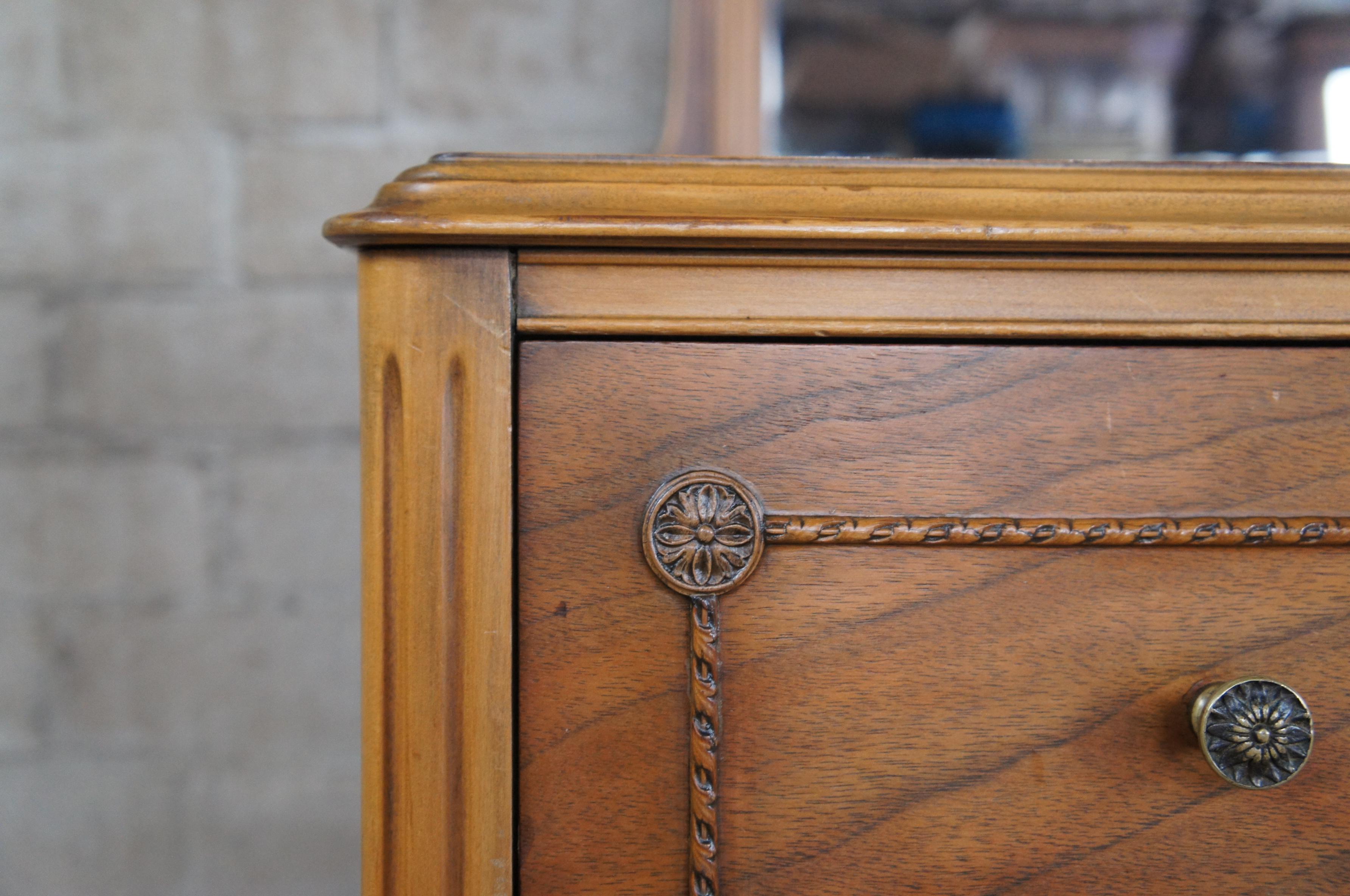Antique French Louis XVI Matchbook Walnut Mirrored Vanity Dresser Chest Drawers 1