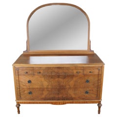 Antique French Louis XVI Matchbook Walnut Mirrored Vanity Dresser Chest Drawers