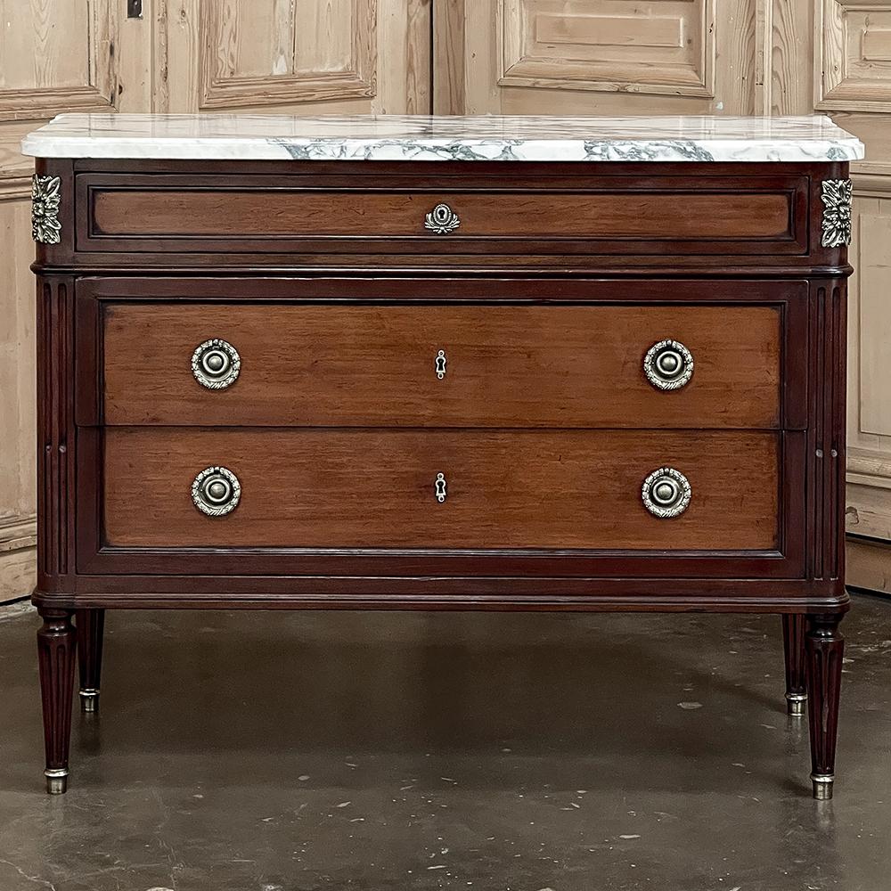 Hand-Crafted Antique French Louis XVI Neoclassical Marble Top Mahogany Commode For Sale