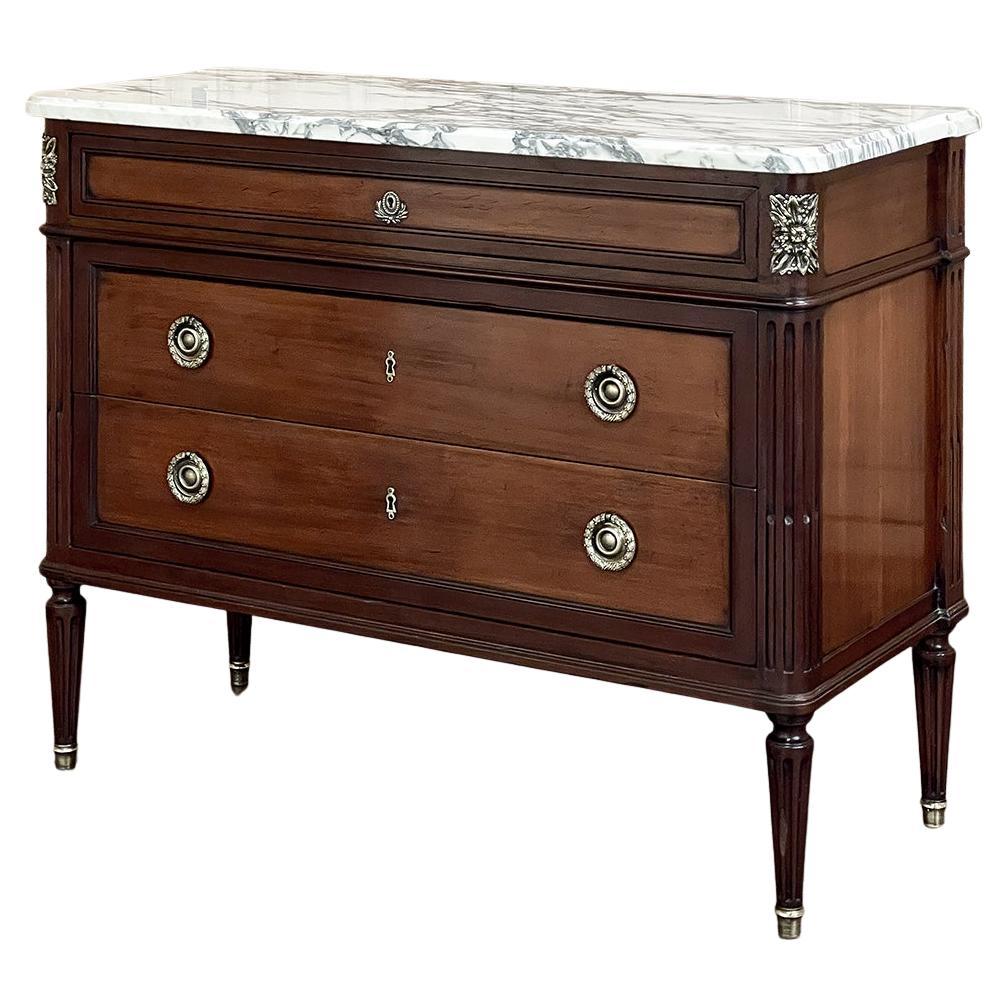 Antique French Louis XVI Neoclassical Marble Top Mahogany Commode For Sale