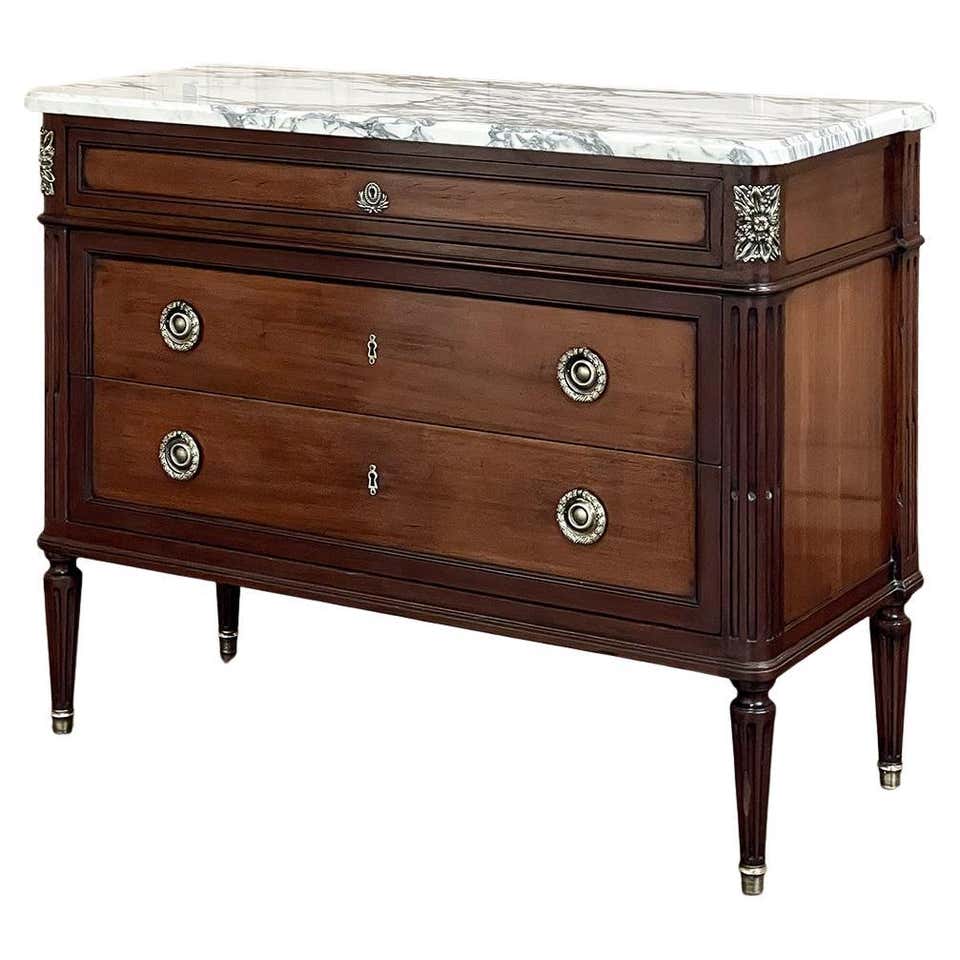 Antique French Louis XVI Marble Top Marquetry Commode For Sale at 1stDibs
