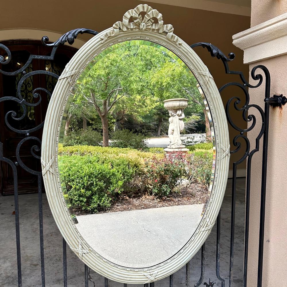 Beveled Antique French Louis XVI Neoclassical Painted Oval Mirror For Sale