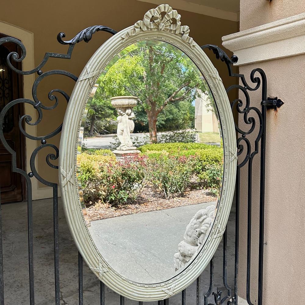 Antique French Louis XVI Neoclassical Painted Oval Mirror In Good Condition For Sale In Dallas, TX
