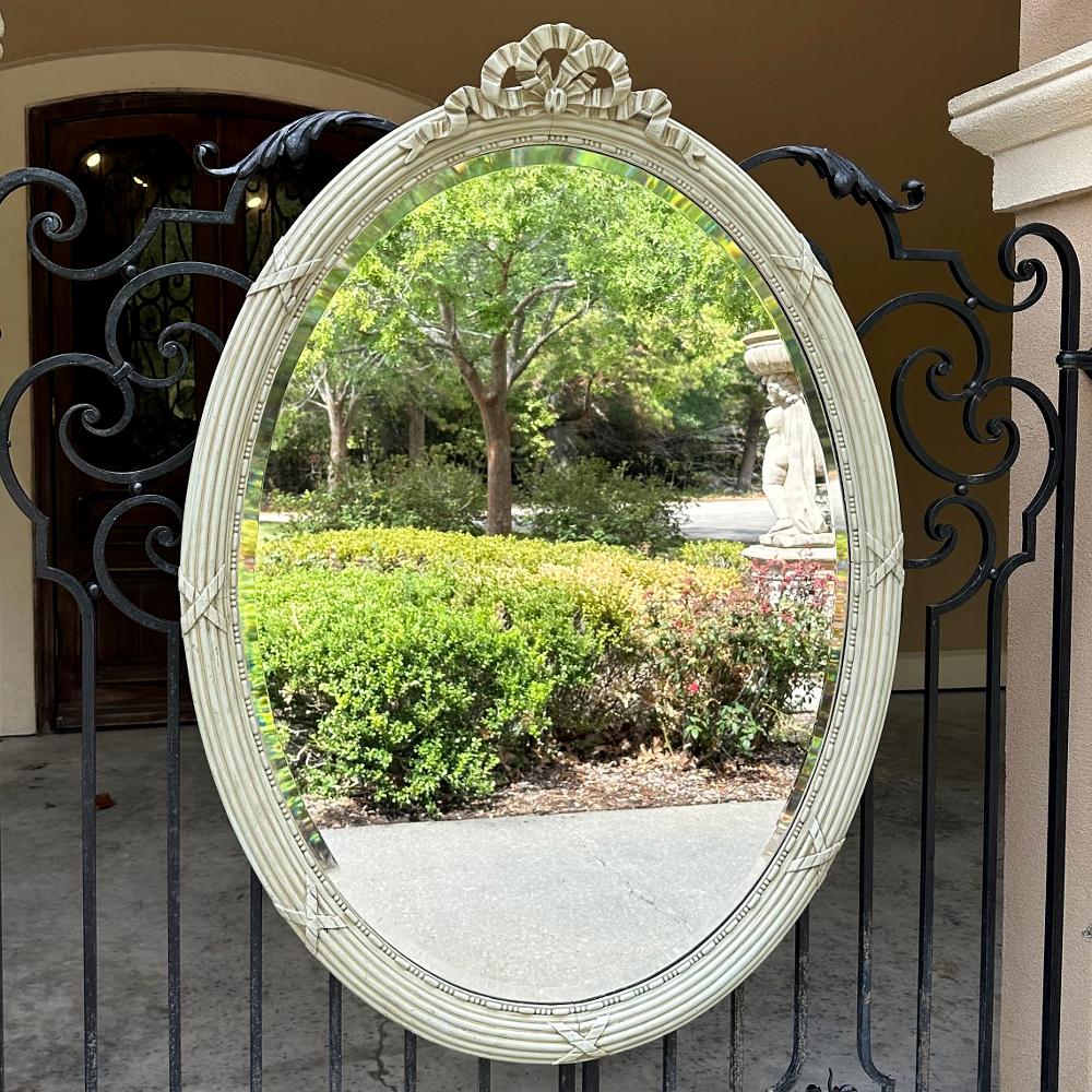 20th Century Antique French Louis XVI Neoclassical Painted Oval Mirror For Sale