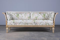 Antique French Neoclassical Style Painted Cane Back Loveseat W/ Floral Linen