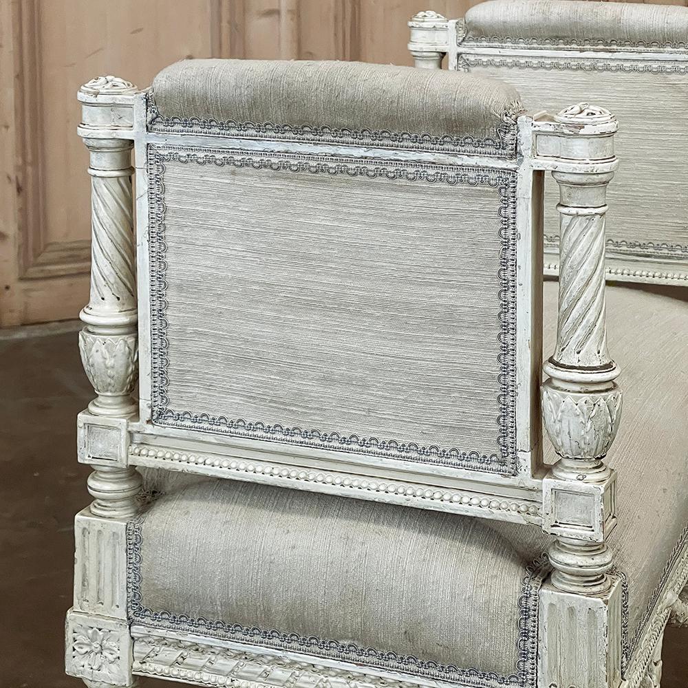 Antique French Louis XVI Neoclassical Upholstered Painted Armbench~Vanity Bench For Sale 4
