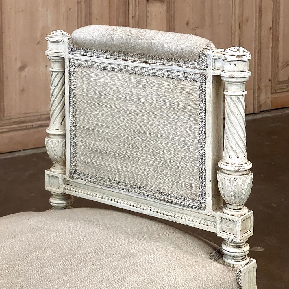 Antique French Louis XVI Neoclassical Upholstered Painted Armbench~Vanity Bench For Sale 5