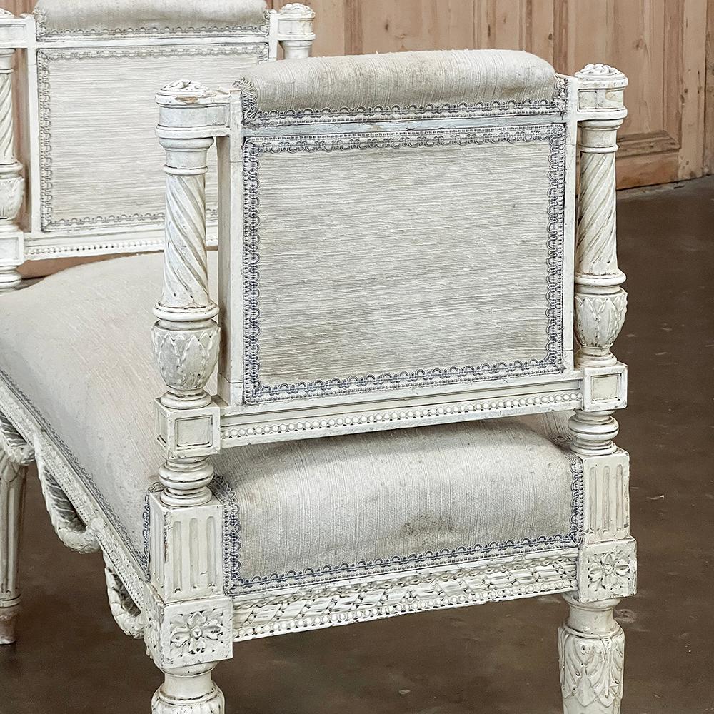 Antique French Louis XVI Neoclassical Upholstered Painted Armbench~Vanity Bench For Sale 6