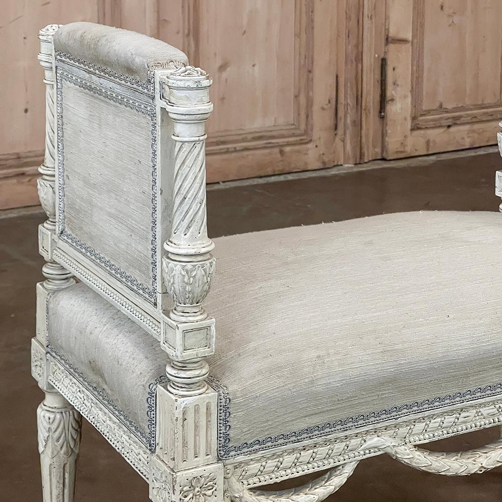 Antique French Louis XVI Neoclassical Upholstered Painted Armbench~Vanity Bench For Sale 8