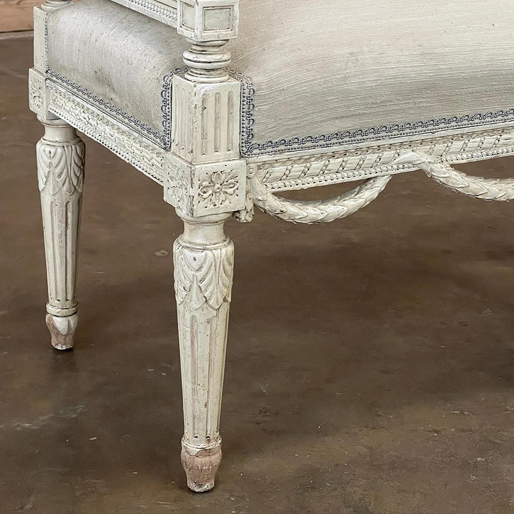 Antique French Louis XVI Neoclassical Upholstered Painted Armbench~Vanity Bench For Sale 9