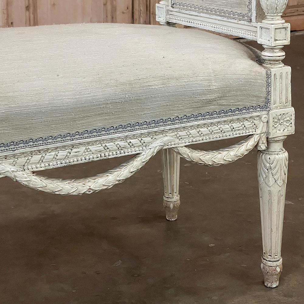 Antique French Louis XVI Neoclassical Upholstered Painted Armbench~Vanity Bench For Sale 10