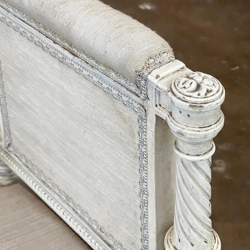 Antique French Louis XVI Neoclassical Upholstered Painted Armbench~Vanity Bench For Sale 11
