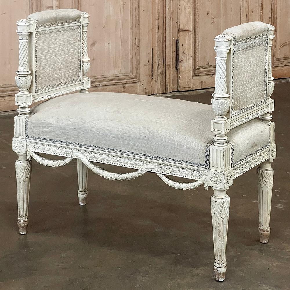 Hand-Carved Antique French Louis XVI Neoclassical Upholstered Painted Armbench~Vanity Bench For Sale