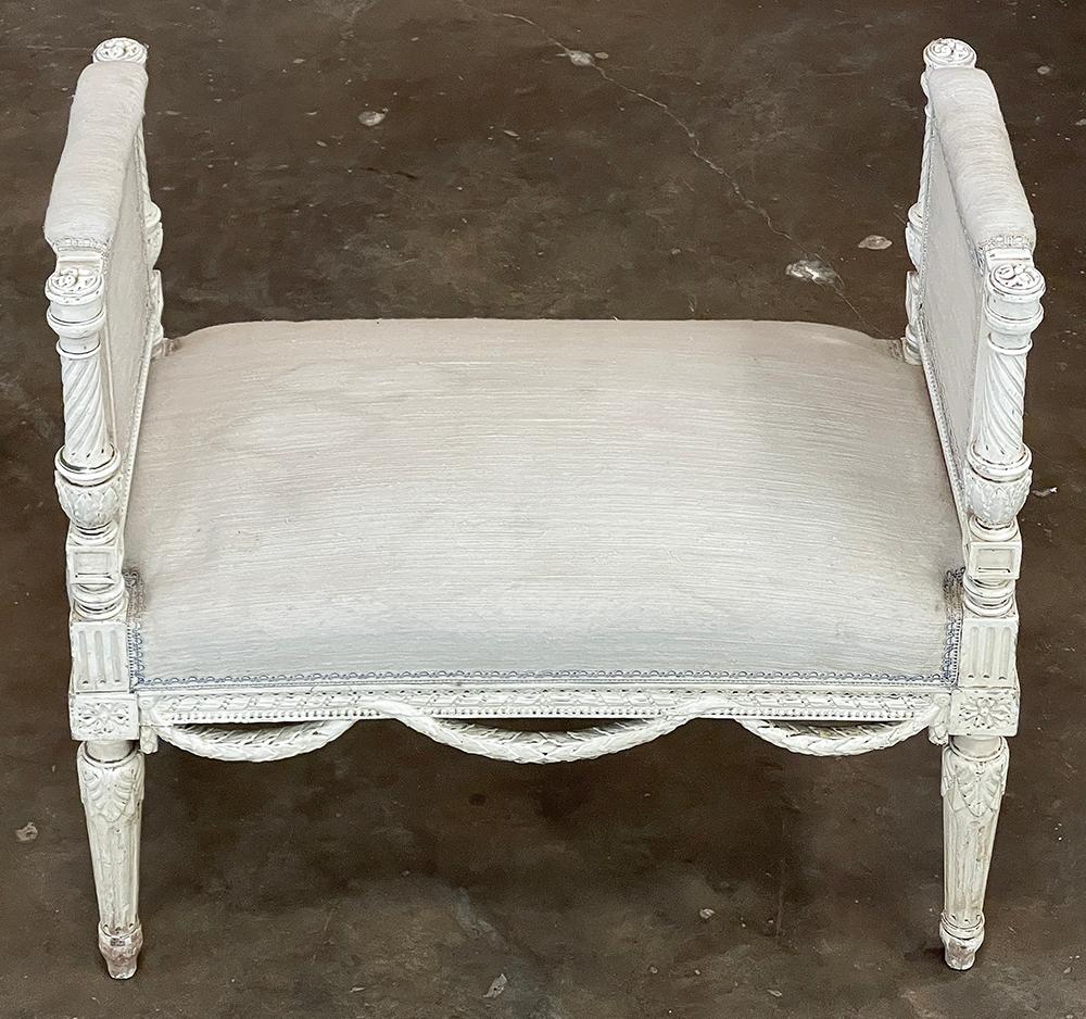 Antique French Louis XVI Neoclassical Upholstered Painted Armbench~Vanity Bench In Good Condition For Sale In Dallas, TX