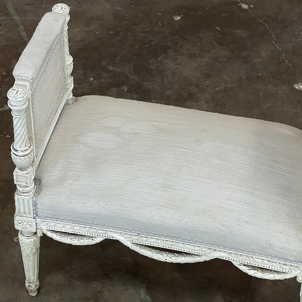 20th Century Antique French Louis XVI Neoclassical Upholstered Painted Armbench~Vanity Bench For Sale