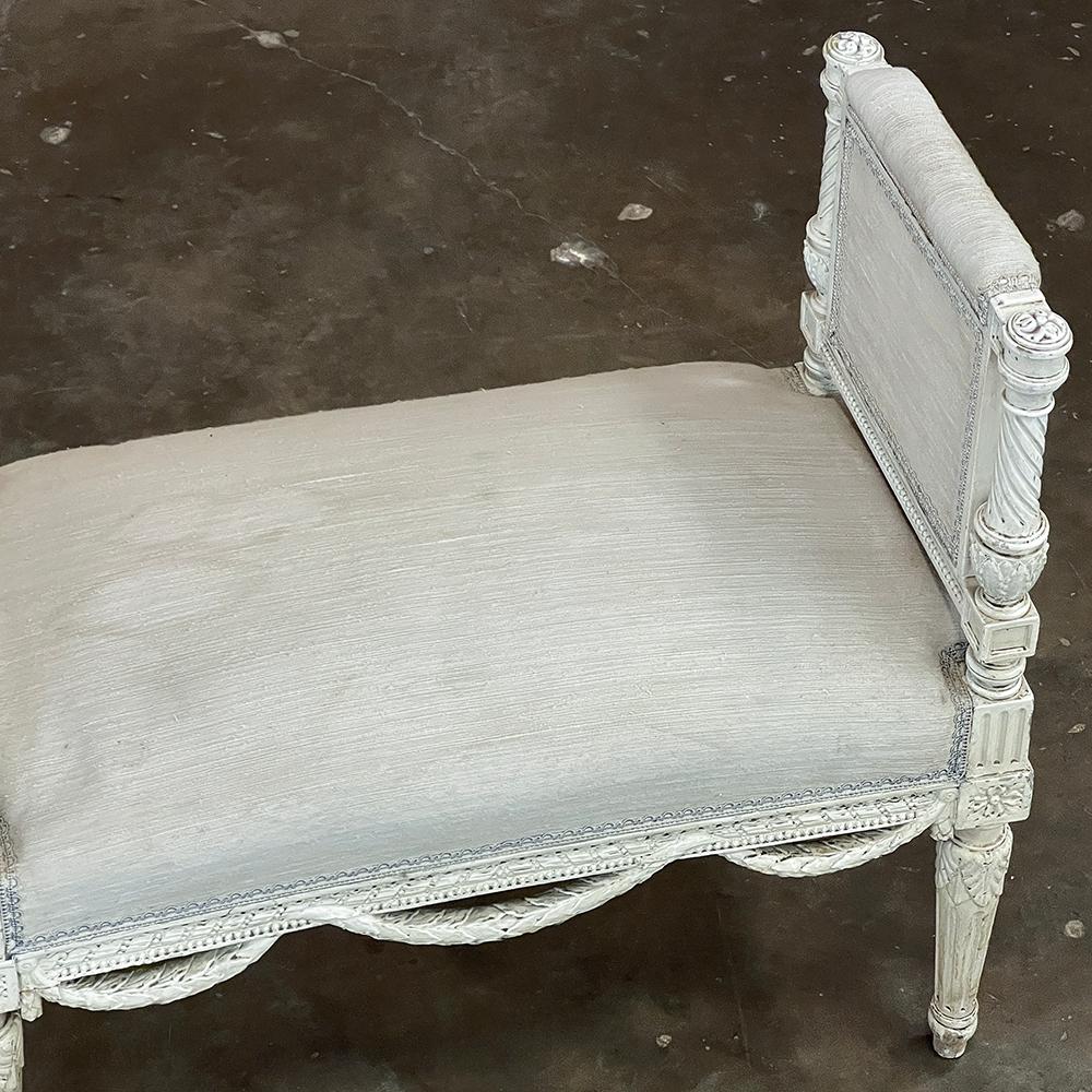 Upholstery Antique French Louis XVI Neoclassical Upholstered Painted Armbench~Vanity Bench For Sale