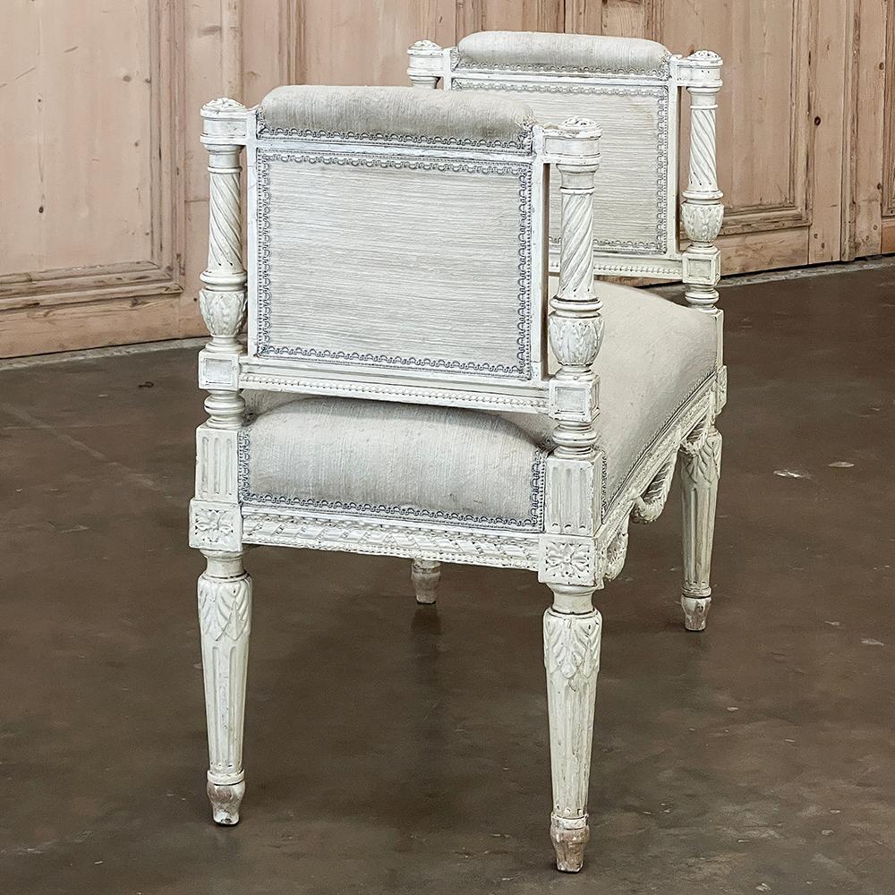 Antique French Louis XVI Neoclassical Upholstered Painted Armbench~Vanity Bench For Sale 1