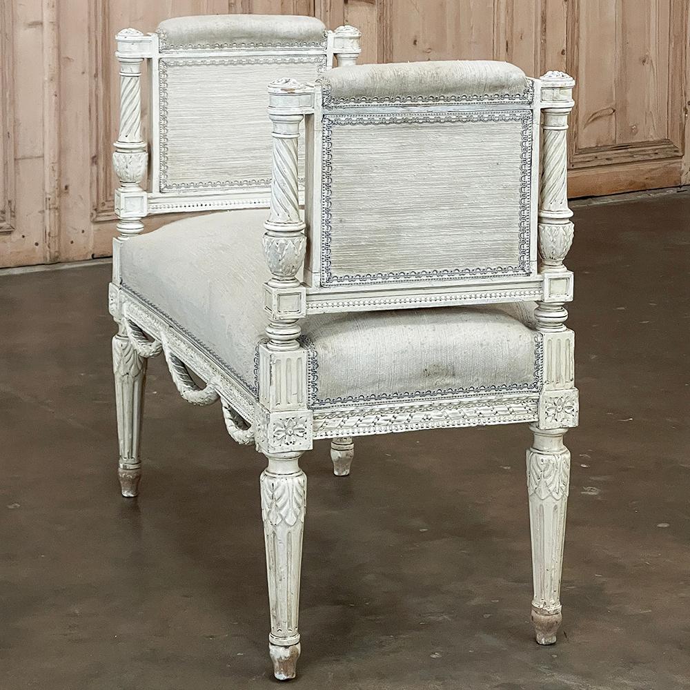 Antique French Louis XVI Neoclassical Upholstered Painted Armbench~Vanity Bench For Sale 2