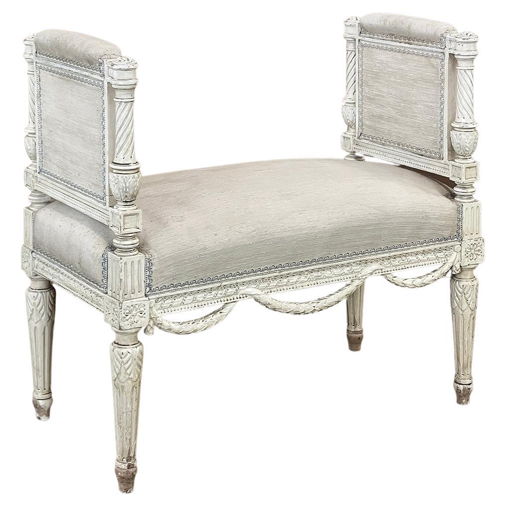 Antique French Louis XVI Neoclassical Upholstered Painted Armbench~Vanity Bench For Sale