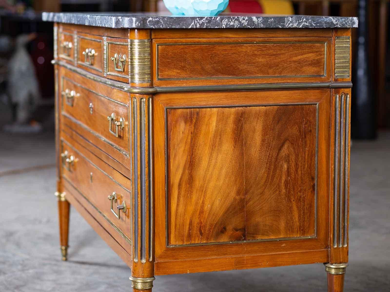 Antique French Louis XVI Neoclassical Walnut Brass Chest Commode Marble-Top In Excellent Condition In Houston, TX