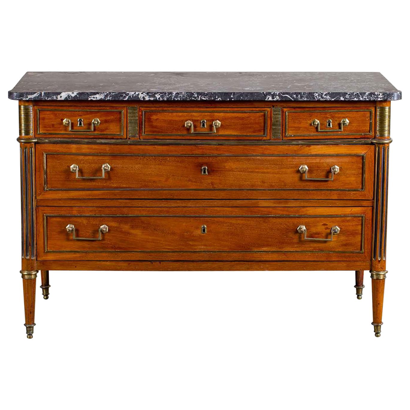Antique French Louis XVI Neoclassical Walnut Brass Chest Commode Marble-Top