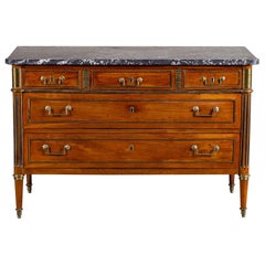 Antique French Louis XVI Neoclassical Walnut Brass Chest Commode Marble-Top