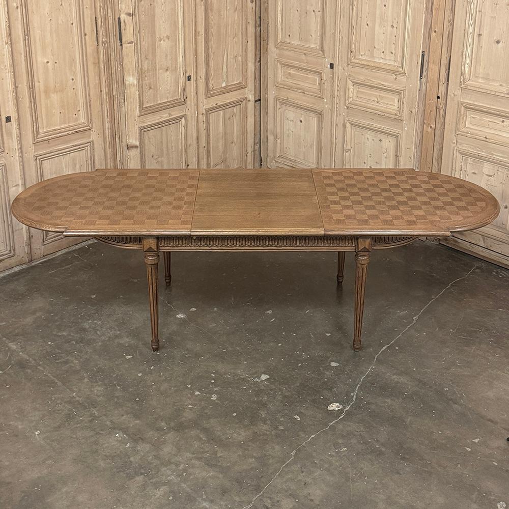 Antique French Louis XVI Oak Parquet Dining Table with Pop-Up Leaf For Sale 8