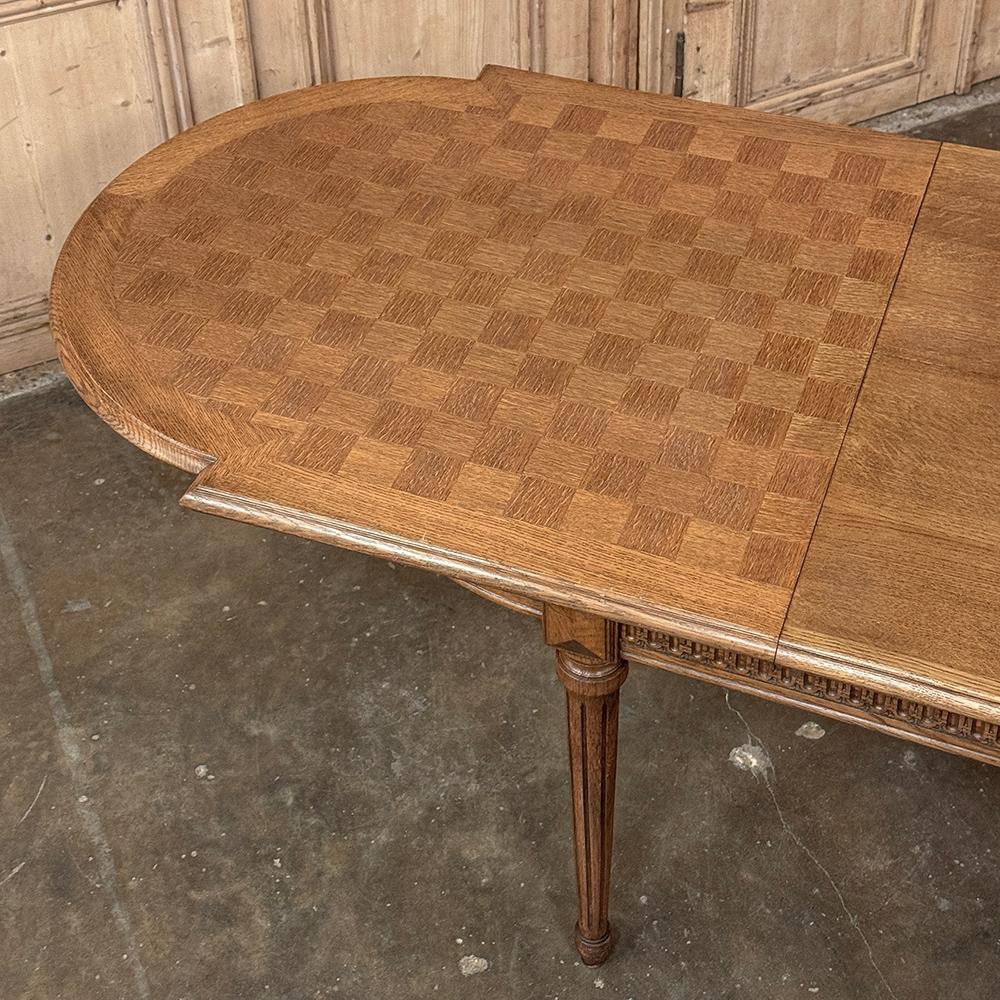 Antique French Louis XVI Oak Parquet Dining Table with Pop-Up Leaf For Sale 9
