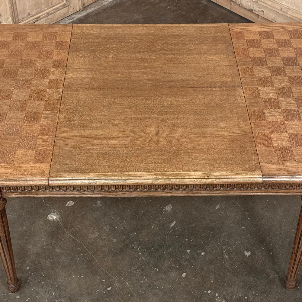 Antique French Louis XVI Oak Parquet Dining Table with Pop-Up Leaf For Sale 10