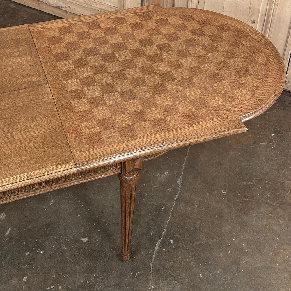 Antique French Louis XVI Oak Parquet Dining Table with Pop-Up Leaf For Sale 11