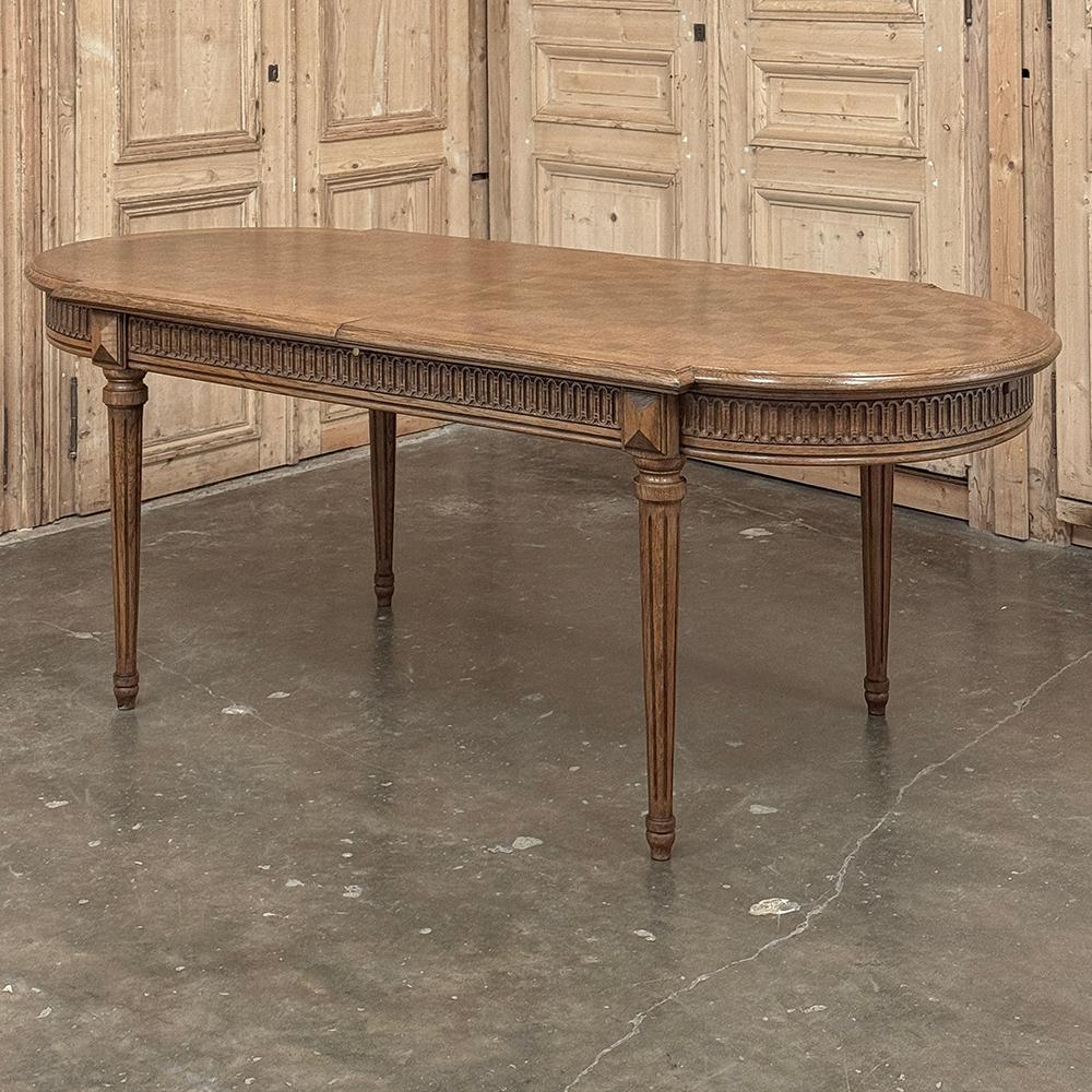 Antique French Louis XVI Oak Parquet Dining Table with Pop-Up Leaf For Sale 14