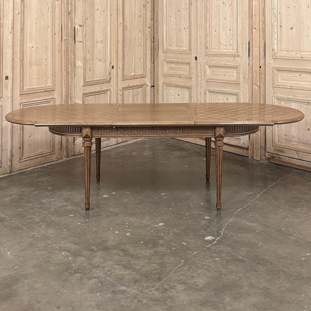 Belgian Antique French Louis XVI Oak Parquet Dining Table with Pop-Up Leaf For Sale