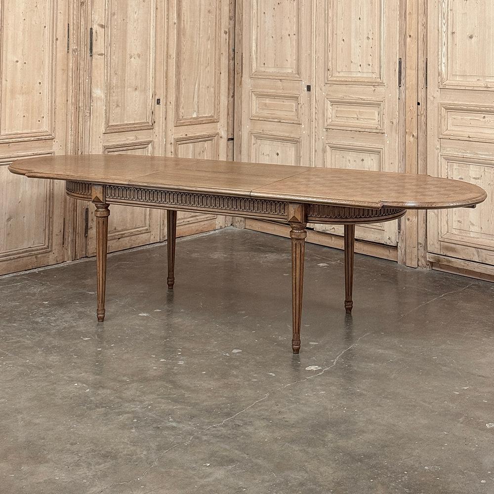 Hand-Crafted Antique French Louis XVI Oak Parquet Dining Table with Pop-Up Leaf For Sale