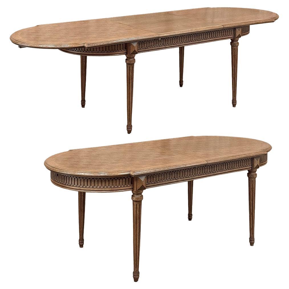 Antique French Louis XVI Oak Parquet Dining Table with Pop-Up Leaf For Sale