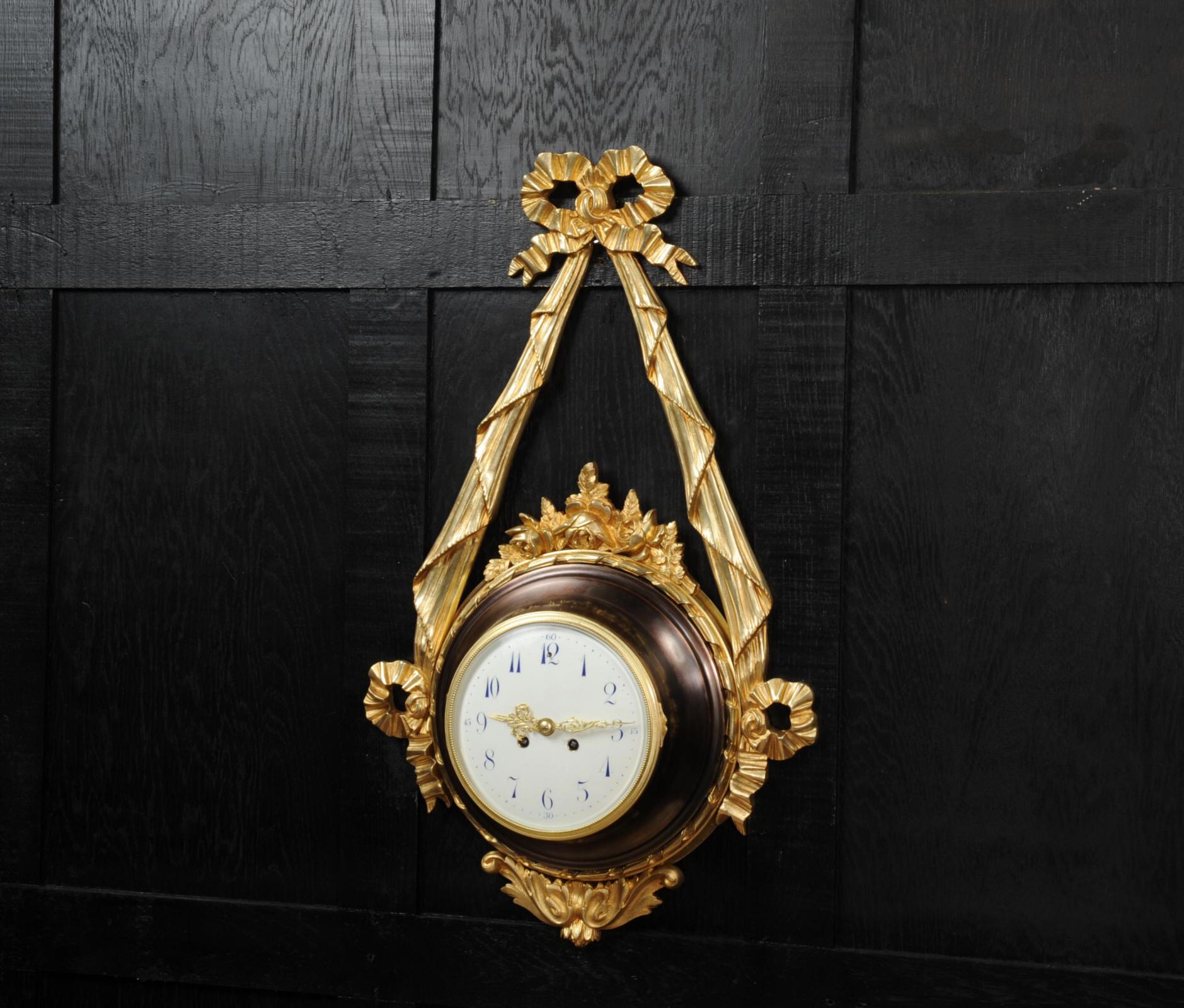Patinated Antique French Louis XVI Ormolu and Bronze Cartel Wall Clock