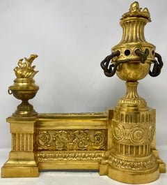 Antique French Louis XVI Ormolu Chenets w/ Patinated Bronze Detail, Ca 1820-1830