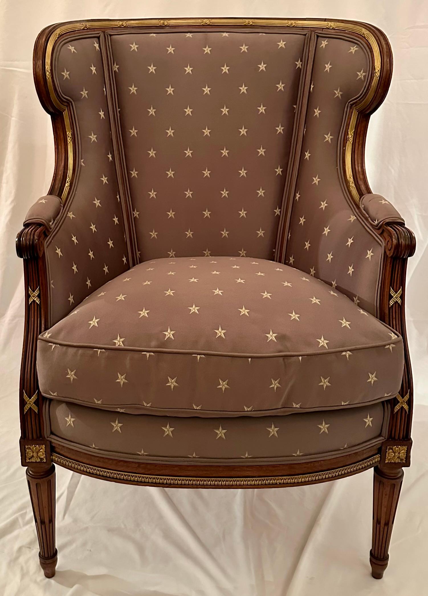 Antique French Louis XVI Style Ormolu Mounted Mahogany 3 Piece Duchesse Brisée, Circa 1880-1890.
Large Chair: 40