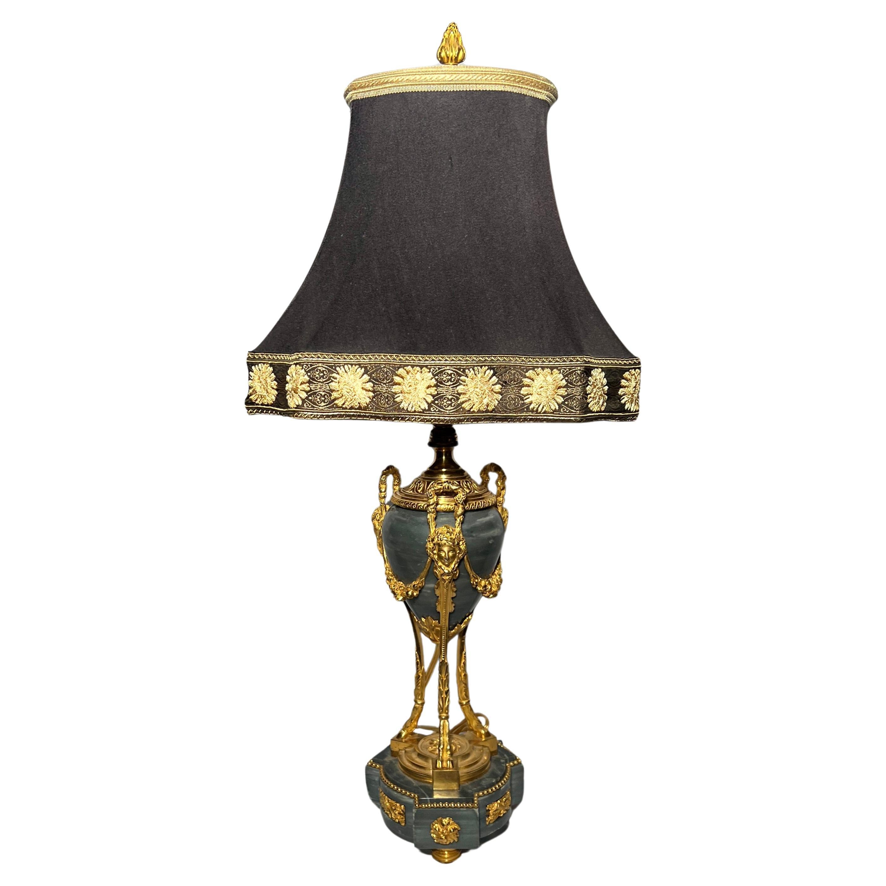 Antique French Louis XVI Ormulu and Green Marble Lamp, Circa 1875-1885. For Sale