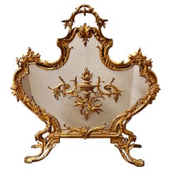 Antique French Louis XVI Ornate Brass Fireplace Screen