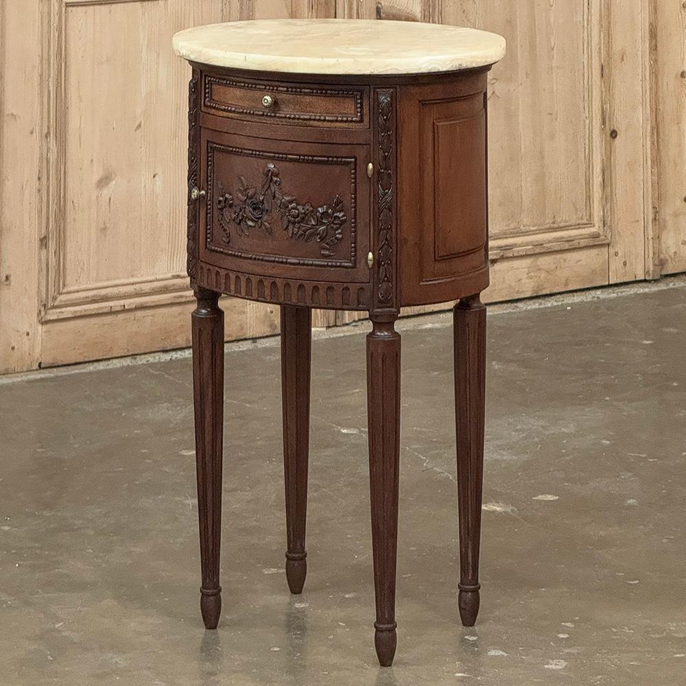 Antique French Louis XVI Oval Nightstand ~ End Table with Onyx Top is ideal for almost any room!  Finished all around, it can be placed anywhere including the center of the room for all to appreciate.  Hand-crafted from fine French walnut, it was