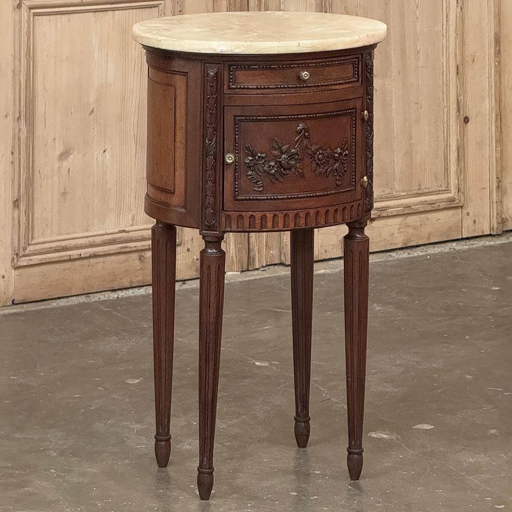 Hand-Carved Antique French Louis XVI Oval Nightstand ~ End Table with Onyx Top For Sale