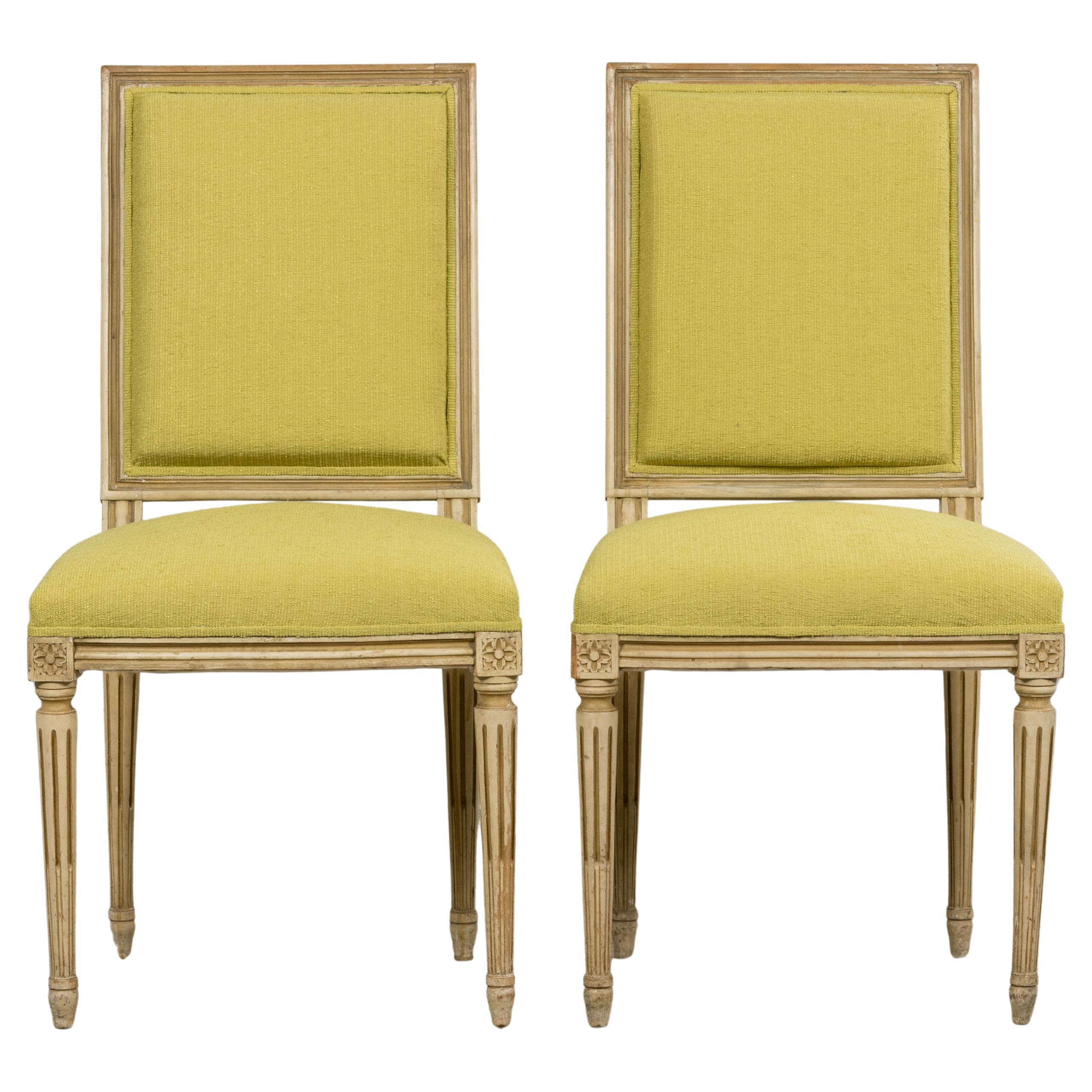 Antique French Louis XVI Painted Accent Chairs in Chartreuse Fabric - A Pair