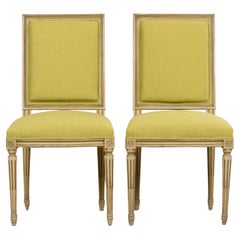 Antique French Louis XVI Painted Accent Chairs in Chartreuse Fabric - A Pair
